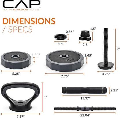 CAP Barbell Multi-Use Adjustable Weight Set - Versatile Dumbbell, Barbell & Kettlebell for Full-Body Workouts | 45lb and 66lb options