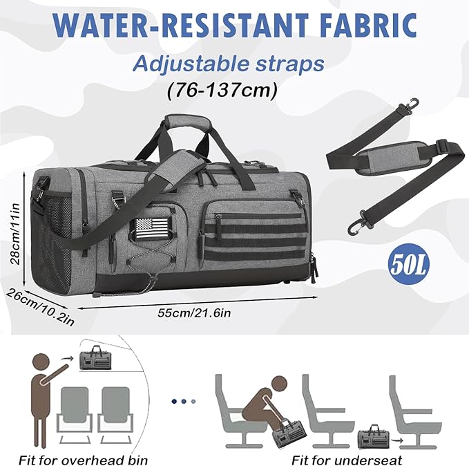 Gym Bag for Men and Women, 50L Extra Large Duffle Bag, 3-in-1 Travel Sports Duffel Bags with Shoe & Laptop Compartment for Overnight Weekender Gym Traveling Workout Deployment, Black + Gray