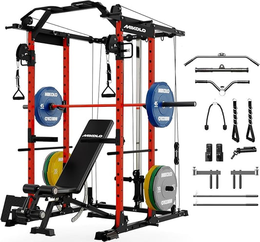 Mikolo Power Cage, Power Rack with Cable Crossover System, 1500LBS Squat Rack with LAT Pull Down System, Workout Cage with Pulley System for Fitness Home Gym