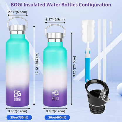 BOGI 20oz Insulated Water Bottle, Wide Mouth Stainless Steel Water Bottles Leakproof Metal Water Bottle with Straw and Handle BPA Free Steel Water Bottle for School Fitness Outdoor Sports-Color1