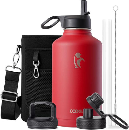 Coolflask Half Gallon Water Bottle Insulated with Straw & 3 Lids, 64 oz Water Jug Large Metal Stainless Steel Wide Mouth for Sports, Gym or Office, Non-BPA Keep Cold 48H Hot 24H, Red