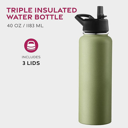 FineDine Water Bottle - Stainless Steel Insulated Water Bottle with Straw Lid, Flip Lid & Wide-Mouth Cap - Keeps Hot and Cold - 40 Oz / 1.18L - Army Green