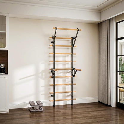DHT Wood Stall Bar, Swedish Ladder Suspension Trainer with 9 Strategic Rods, for Home, Gym, School and Clinics, Black