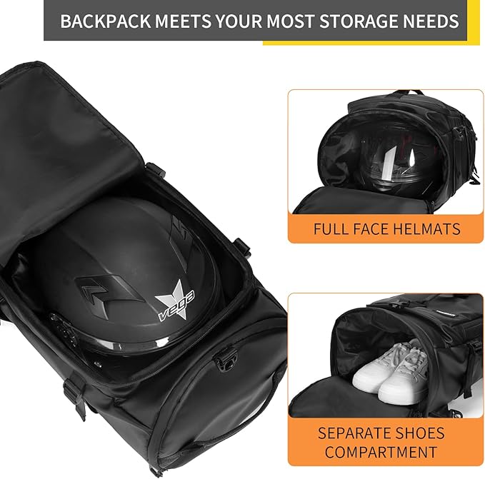 Duffel Bag with Shoe Compartment Travel Backpack Men and Women Waterproof for Gym Motorcycle Helmet (Black)