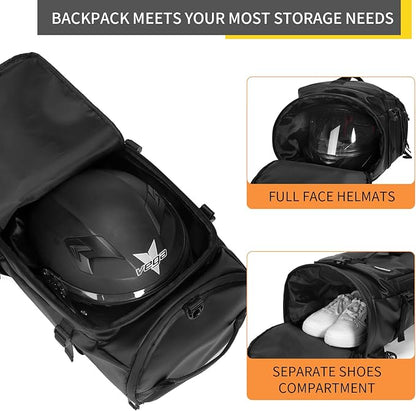 Duffel Bag with Shoe Compartment Travel Backpack Men and Women Waterproof for Gym Motorcycle Helmet (Black)