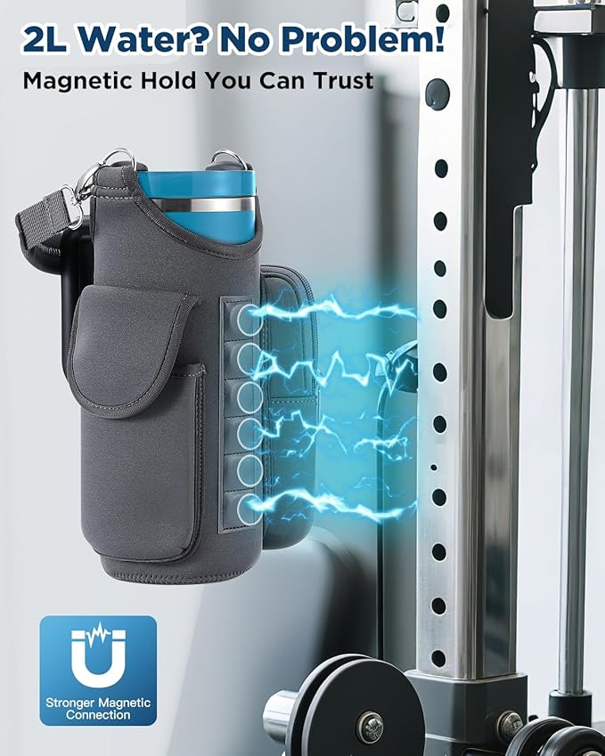 Magnetic Gym Bag Water Bottle Carrier Holder with Phone Pockets & Shoulder Strap for Men Women,Water Bottle Holder, Gym Pouch, Crossbody Bag for Travel, Sports, Work, Fitness - Dark Gray