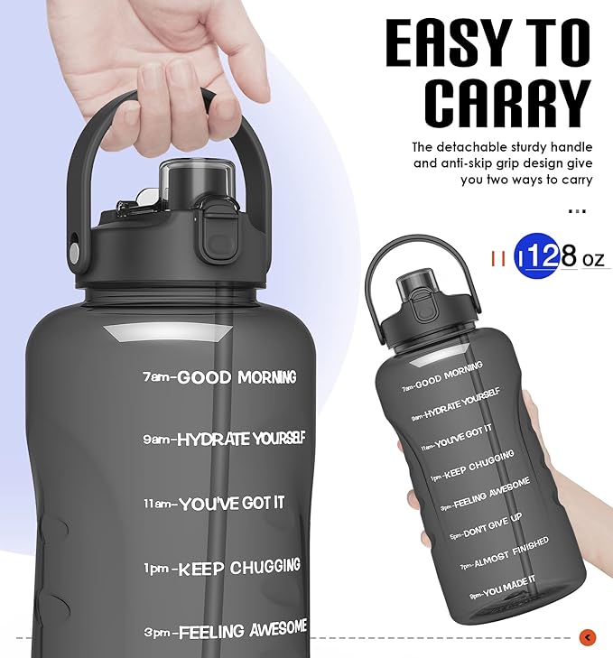 HydroPal 1 Gallon Water Bottles with Straw, 128 oz Water Bottle BPA Free Innovative 2-IN-1 Lid Gym Bottle with Times to Drink Motivational, Large for Sports Fitness Camping Water Jug （13.8X5.5 inch）