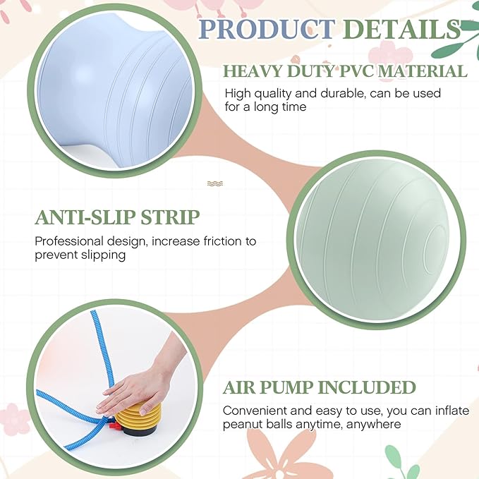Jexine Peanut Ball for Kids Therapy - 3-Piece Anti-Burst Set, Yoga Balance Exercise Ball for Pregnancy & Home Gym, Includes 1 Pump & 3 Size Options