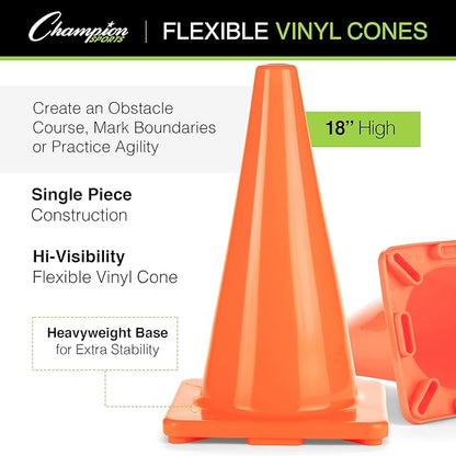 Champion Sports High Visibility Flexible Vinyl Cones for Sports Training, Agility Drills, Field & Gym Marking Sets