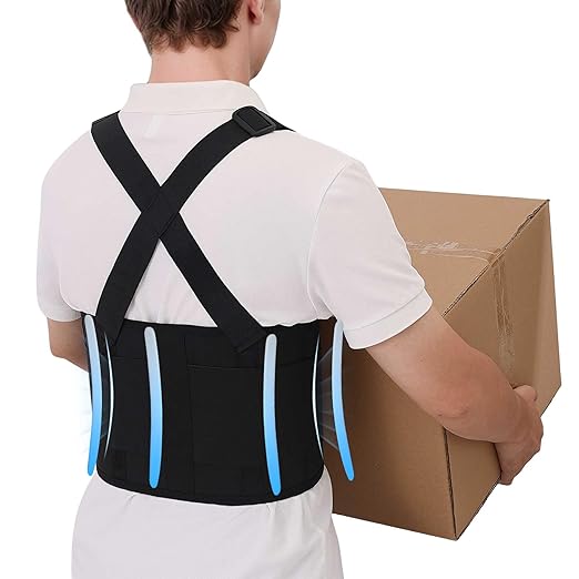 Work Back Brace for Men and Women Shoulder Straps Pain Relief Lower Support Belt With Suspenders Adjustable Workout Warehouse Heavy Lifting Safety Protection Construction Moving Black Medium