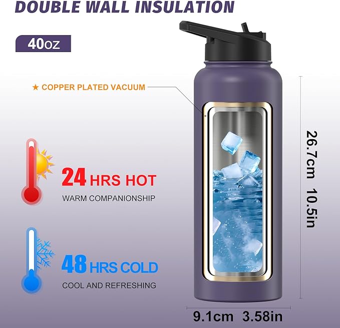 40oz Insulated Water Bottle (Cold for 48 Hrs),BPA Free&Leak Proof,Stainless Steel Water Flask,Water Jug with Straw Spout Lids for Gym,Hiking,Travel,Purple