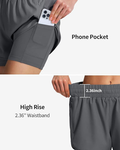 Ksmien Women's 2 in 1 Running Shorts Quick Dry Athletic Gym Workout Shorts with Liner Phone Pockets
