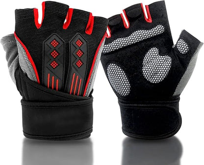 Workout Gloves for Men Women, Breathable Weight Lifting Gloves with Wrist Wraps Support for Gym, Exercise, Training and Fitness, Fingerless, Padded Full Palm Protection