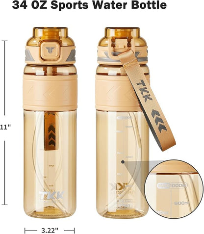 TKK Sports Water Bottles with Removable Straw 34 oz Leak-proof Flip Top Lid BPA Free Tritan Bottle with Strap for School, Fitness, Gym, Outdoor, Soft Orange