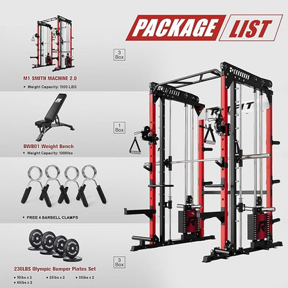 RitFit M1 Pro Smith Machine Package, All-in-One Power Cage with Weight Stack Set, Includes LAT Pulldown & Cable Crossover System for Home Gym
