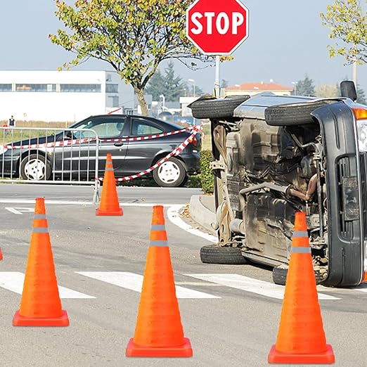 TENKAIWICK 28 Inch 6 Pack Traffic Cones, Collapsible Safety Cones, Multi Purpose Pop-up Cones with Reflective Collar, Orange Cones for Parking lot, Driveway, Driving Training etc