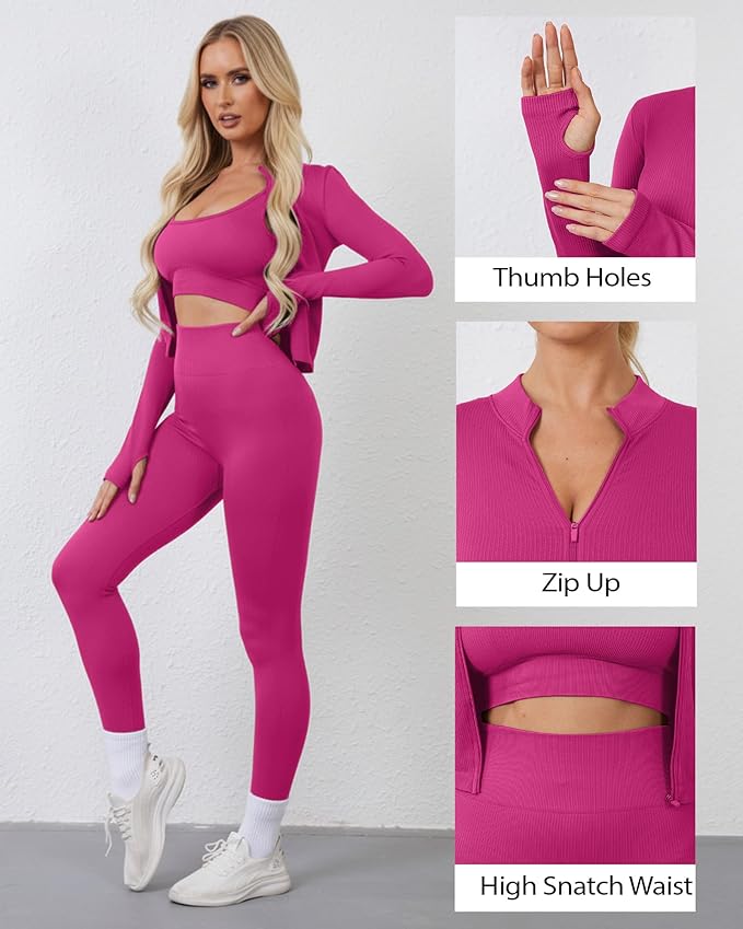 Women 3 Piece Seamless Workout Set Sports Bra High Waisted Gym Yoga Leggings Zip Up Jacket with Thumbhole Activewear