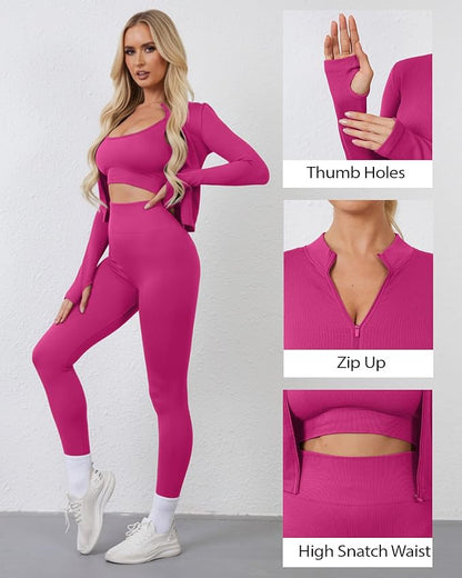 Women 3 Piece Seamless Workout Set Sports Bra High Waisted Gym Yoga Leggings Zip Up Jacket with Thumbhole Activewear