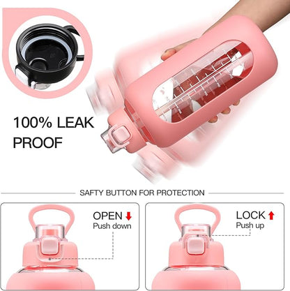 64 oz Glass Water Bolttles with Straw Half Gallon Large Motivational Water Bottle with Time Marker Sports Water Bottles with Silicone Sleeve and Handle Lid Water Jug for Gym Workout