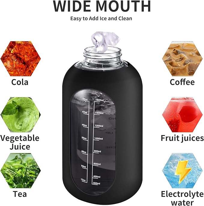 CIVAGO 40 oz Glass Water Bottle with Straw and Handle, Large Sports Motivational Water Bottle Flask with Time Marker and 2 Lids, Leakproof Water Jug Canteen with Silicone Sleeve for Gym,Camelia