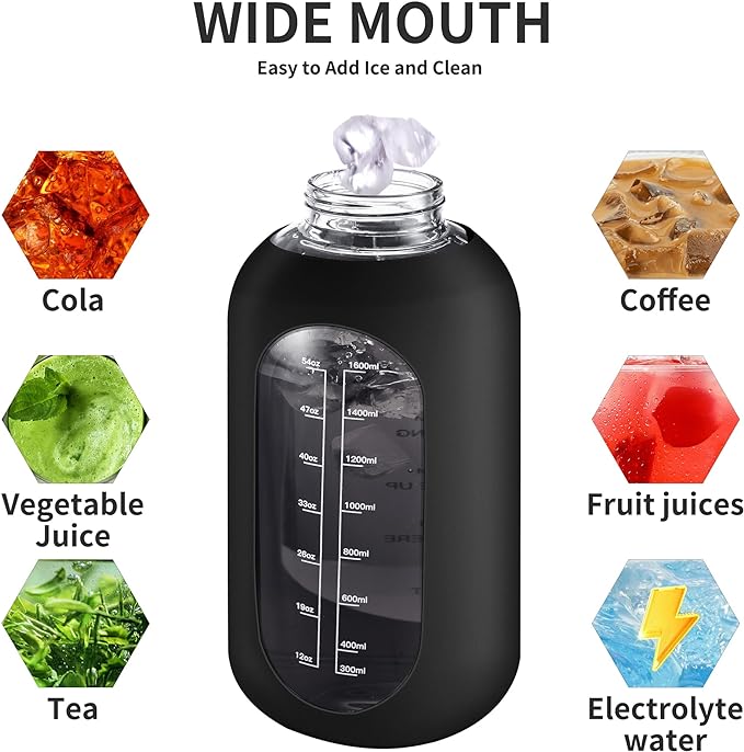 CIVAGO 32 oz Glass Water Bottle with Straw and Handle, Large Sports Motivational Water Bottle Flask with Time Marker and 2 Lids, Leakproof Water Jug Canteen with Silicone Sleeve for Gym,Blush