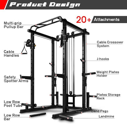 RitFit Multi-Function Garage & Home Gym Package Includes 1200LBS Power Cage PPC03/P3 with Cable Crossover System, Weight Bench, Olympic Barbell Weight Set, Full Body Workout