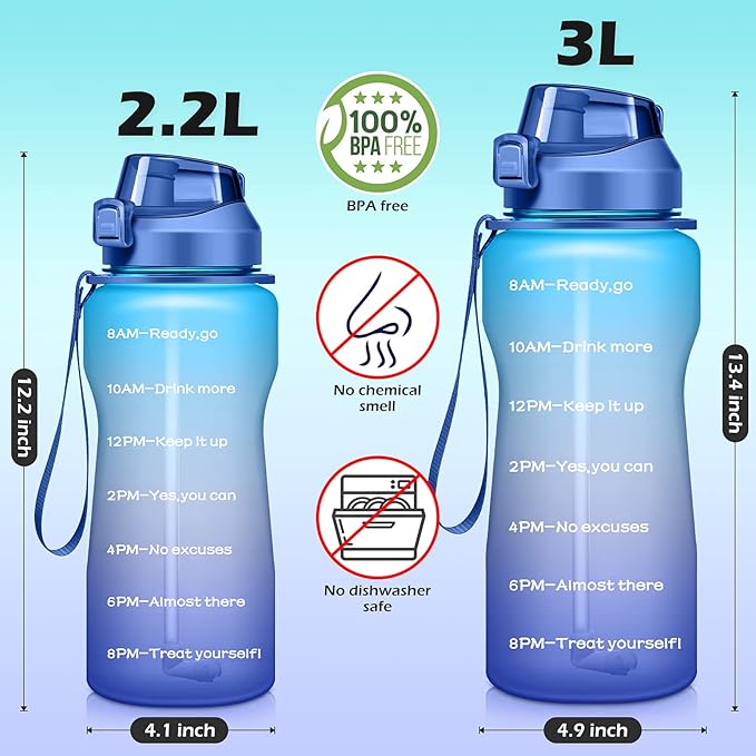 Gallon Motivational 64/100 oz Water Bottle with Time Marker & Straw, Large Daily Water Jug for Fitness Gym Outdoor Sports, Remind of All Day Hydration, Leak Proof, BPA Free (blue+purple, 100oz)
