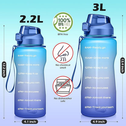 Gallon Motivational 64/100 oz Water Bottle with Time Marker & Straw, Large Daily Water Jug for Fitness Gym Outdoor Sports, Remind of All Day Hydration, Leak Proof, BPA Free (blue+purple, 100oz)