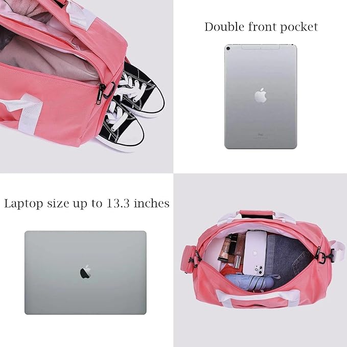BE Smart Gym Bag Sports Duffle Bag for Men Women, Waterproof Gym Bags Weekender Bags with Shoe Compartment, Lightweight Large Overnight Workout Bag, Pink With Tpu Pocket, Casual Fashion