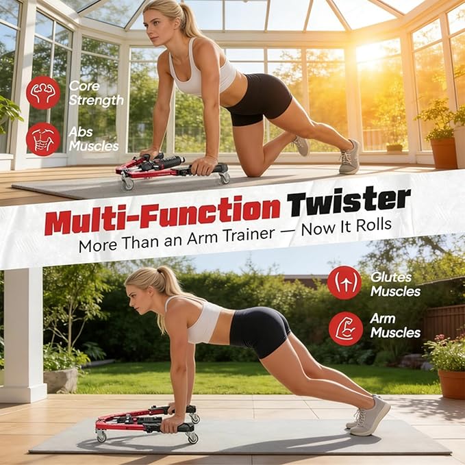 Twister Arm Exerciser, 3-in-1 Hydraulic Power Twister with Ab Roller Wheel, Adjustable 22–440LB Chest Expander & Arm Strengthener, Portable Home Gym Strength Training Device