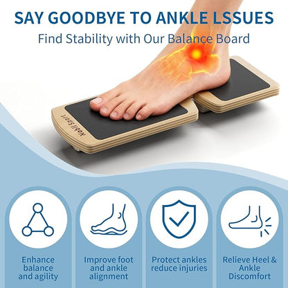 Ankle Balance Board for Plantar Fasciitis & Achilles - Wooden Single Leg Foot Strengthener & Stability Trainer for Office Desk, Rehab & Runners - 16-Exercise Guide & Bag