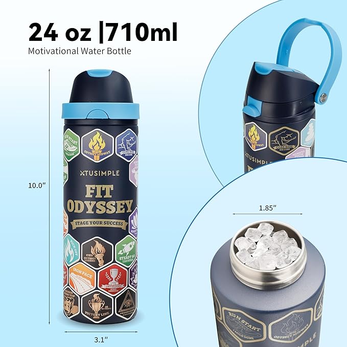 24 oz Motivational Insulated Stainless Steel Water Bottle for Sports, Gym & Travel, 2-in-1 Push-Button Spout & Quick-Flip Straw, Leak-Proof BPA-Free, Keeps Cold 30H, with DIY Fitness Stickers
