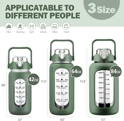 kytffu 84oz Glass Water Bottle with Straw, 2.5 Liter Large Water Bottle with Silicone Sleeve and OZ Marker, Wide Mouth Gallon Glass Bottle with 2-in-1 Lid, Leakproof Water Jug for Gym Home, Olive