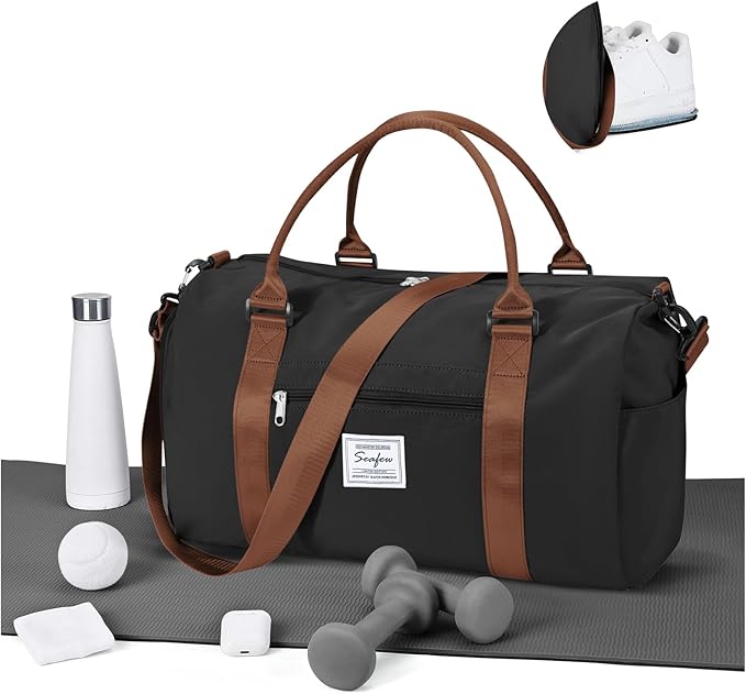 Gym Bag for Women Men with Shoes Compartment,Sports Duffle Bag Personal item travel Duffel Bags Tote Bag Small Carry on Weekender Overnight Bags Workout Dance Bag Hospital Holdalls Black Brown
