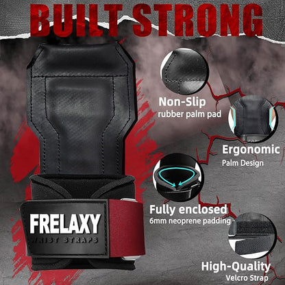 Frelaxy Lifting Wrist Straps, Rubber Weight Lifting Grips with Non-Slip Palm & Wrist Wraps Support for Deadlifts, Pull Ups, Rows, Heavy Powerlifting, Lat Pulldowns