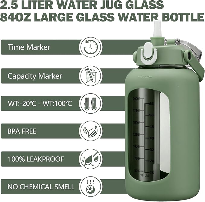 kytffu 84oz Glass Water Bottle with Straw, 2.5 Liter Large Water Bottle with Silicone Sleeve and OZ Marker, Wide Mouth Gallon Glass Bottle with 2-in-1 Lid, Leakproof Water Jug for Gym Home, Olive