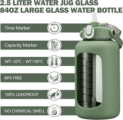 kytffu 84oz Glass Water Bottle with Straw, 2.5 Liter Large Water Bottle with Silicone Sleeve and OZ Marker, Wide Mouth Gallon Glass Bottle with 2-in-1 Lid, Leakproof Water Jug for Gym Home, Olive