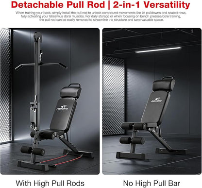 12-in-1 Home Gym LAT Pull Down & High Pulley System - Full Body Training Machine for Back, Chest, Arms & Tricep Workouts (Included Free Training Poster)