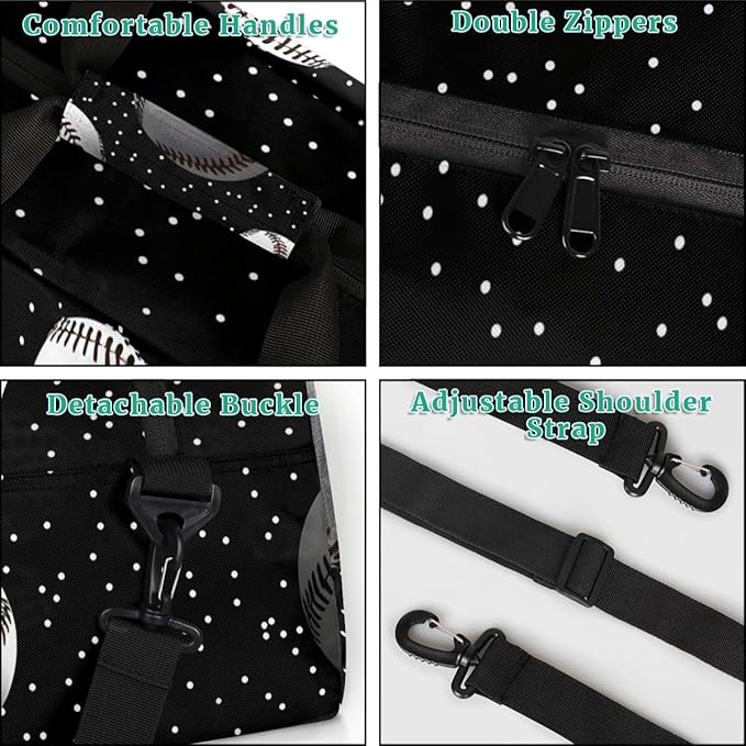 Personalized Baseball Gym Duffel Bags for Kids Boys with Custom Name Sport Training Travel Bags for Overnight Weekender, Black White