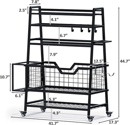 Dual-Sided Dumbbell Rack with Hooks & Wheels, Adjustable Home Gym Storage Rack for Dumbbells, Kettlebells, Balls, Yoga Mats, Ab Roller, Weight Rack Organizer for Workout Equipment