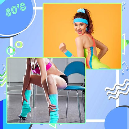 80s Neon Workout Costume Accessories Set 10 PCS Leg Warmers for Women 80s Headband Wristband Fanny Pack for Yoga Running