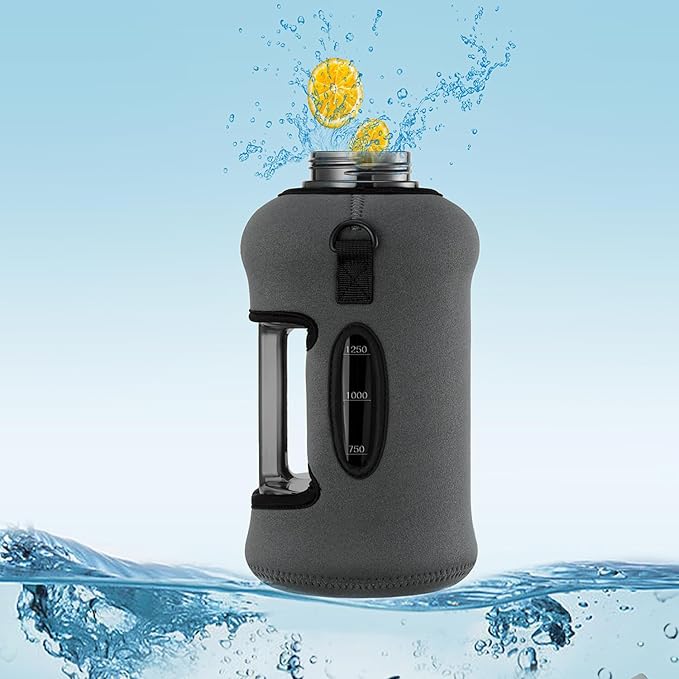 Half Gallon Water Bottle with Straw 74 oz Large Water Bottle Big Gym Water Bottle with Storage Sleeve BPA Free Gallon Water Jug with Handle and Bottle Brush Grey