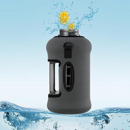 Half Gallon Water Bottle with Straw 74 oz Large Water Bottle Big Gym Water Bottle with Storage Sleeve BPA Free Gallon Water Jug with Handle and Bottle Brush Grey