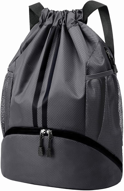 Hoedia Sports Drawstring Backpack - String Swim Gym Bag with Shoes Compartment and Wet Proof Pocket for Women and Men, Dark Grey