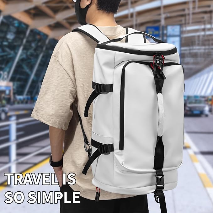 Duffel Bag with Shoe Compartment Travel Backpack Men and Women Waterproof for Gym Motorcycle Helmet (White)