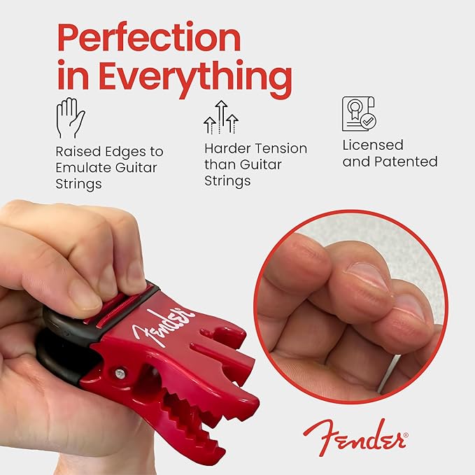 FENDER Patented Callus Builder & Finger Strengthener – Resistance Finger Exerciser for Guitar, Bass & Violin – Guitar Finger Trainer & Grip Strength Tool – Ideal Guitar & Bass Accessories (Tensions: RED=8-Lbs; BLACK=15-Lbs)