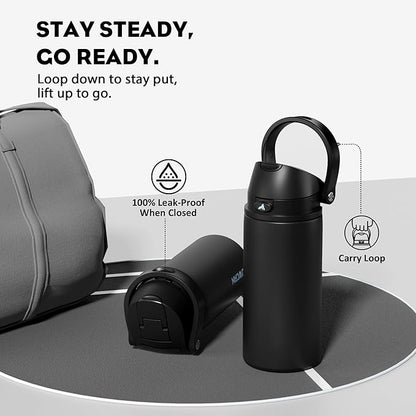 POWCAN 18 oz Insulated Water Bottle: 2-in-1 Push-Button Spout & Quick-Flip Straw, Leakproof, Cold 24Hrs, Fits Car Cup Holder, Stainless Steel Water Bottle for Sports, Travel, School (Very Black)