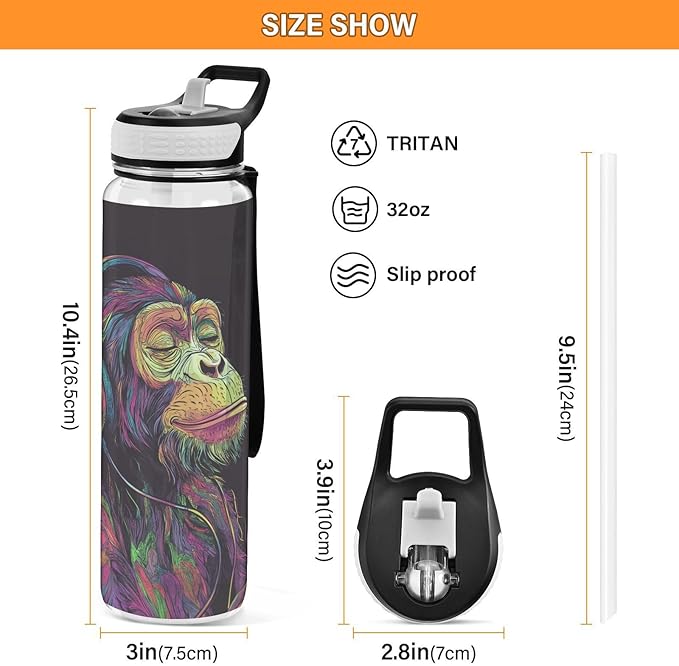 Fustylead Neon Monkey with Headphones Listening To Music 32oz Water Bottle with Straw, Leakproof Clear Sport Water Bottles for Gym Camping Hiking Travel