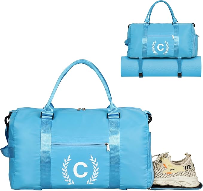 Gym Bag for Women, Personalized Duffle Bag with Shoe Compartment, Sports Bag for Yoga & Dance with Wet Pocket and Mat Strap(AquaBlue,C)