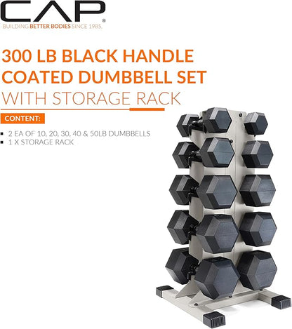 CAP Barbell Rubber Coated Hex Dumbbell Set with Vertical Rack | 100-300 lbs Free Weights Dumbbells Set for Home Gym | Multiple Options